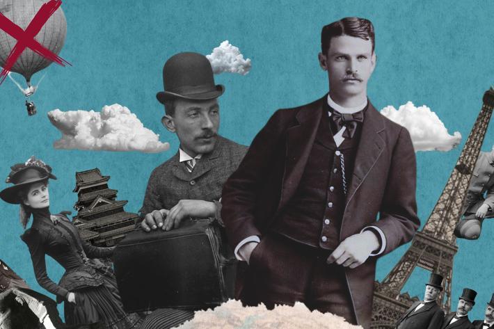 Black and white photos of people in Victorian dress around a globe
