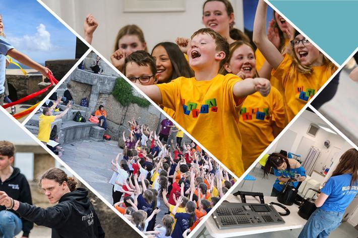 Collage of children in workshops and rehearsals