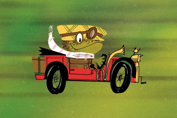 Drawing of Toad in goggles and check suit driving a red car