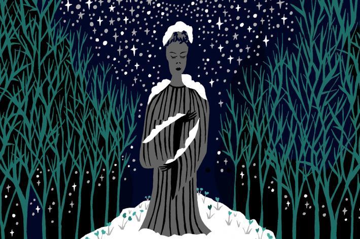 Drawing of a statue in a snowy landscape