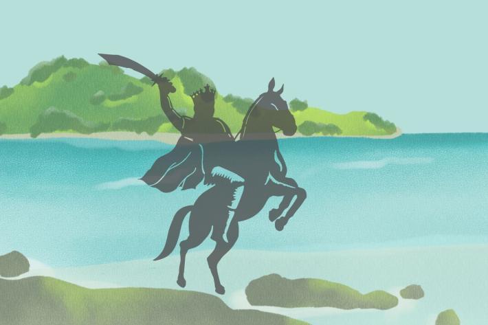 Watercolour of an island in a blue sea with silhouette of King Arthur on a horse