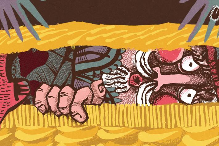 Drawing of rosy cheeked, bearded man squashed in a wicker basket