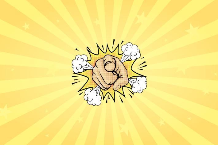 A punching fist in a starburst