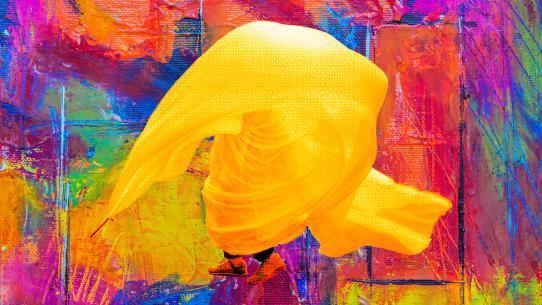A colourful, shrouded figure dancing in an abstract background