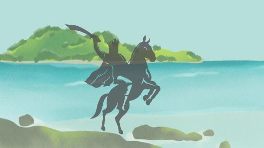 Watercolour of an island in a blue sea with silhouette of King Arthur on a horse